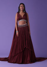 Burnt Russet Red Embroidered Lehenga Set In Satin