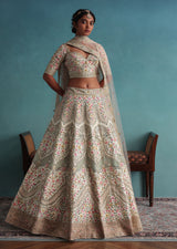 Pearl White Embroidered 12 Kali Bridal Lehenga In Raw Silk With Hand Embroidery