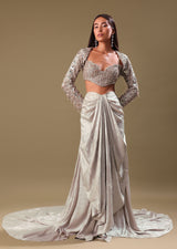 Beige Hand Embroidered Blouse And Drape Skirt With Cape