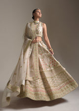 Creamy Pink Lehenga Choli In Raw Silk With Pink Resham And Zardosi Embroidered Floral Kalis Online