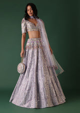 Powder Blue Embroidered Bridal Lehenga Set In Raw Silk