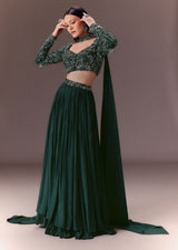 Green Ruched Frill Lehenga Set With Choker Dupatta