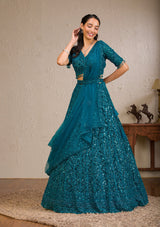 Peacock Blue Sequins Net Readymade Lehenga