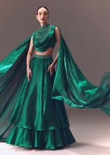 Green Organza Cowl Blouse And Lehenga Set