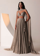 Dusty Copper Gold Embroidered Lehenga Set In Knit Strechable & Sequins Fabric