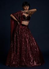 Burgundy Lehenga Embellished In Sequins With A Velvet Crop Top And Matching Belt Bag