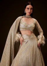 Beige Gold Crush Fabric Lehenga With Feather Sleeve Blouse