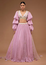 Lilas Lavender Lehenga And A Crop Top Set In Bishop Sleeves, Crafted In Georgette With Two-Toned Cut Dana Embroidery On The Waist Line